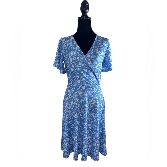 Fensace Blue Floral Sundress Midi V-neck wrap Dress - Picture 2 of 9